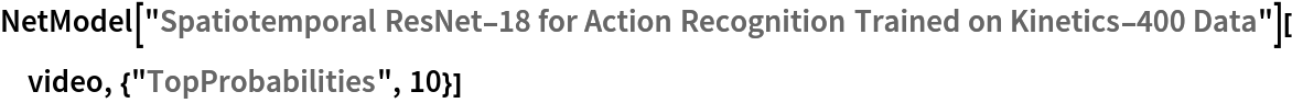 NetModel[
  "Spatiotemporal ResNet-18 for Action Recognition Trained on Kinetics-400 Data"][video, {"TopProbabilities", 10}]